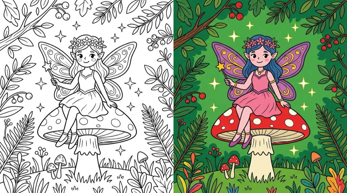 Fairy & Toadstool Coloring Pages