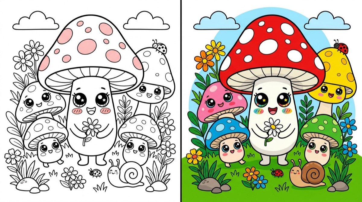Kawaii Mushroom Coloring Pages