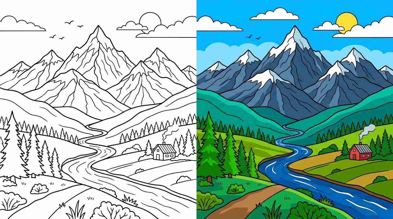 Mountains & Landscape Scenery Coloring Pages