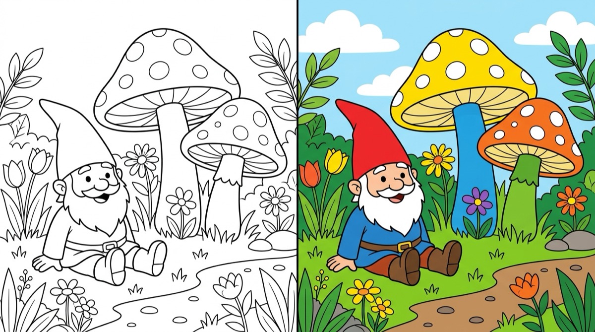 Mushroom & Gnome Coloring Pages