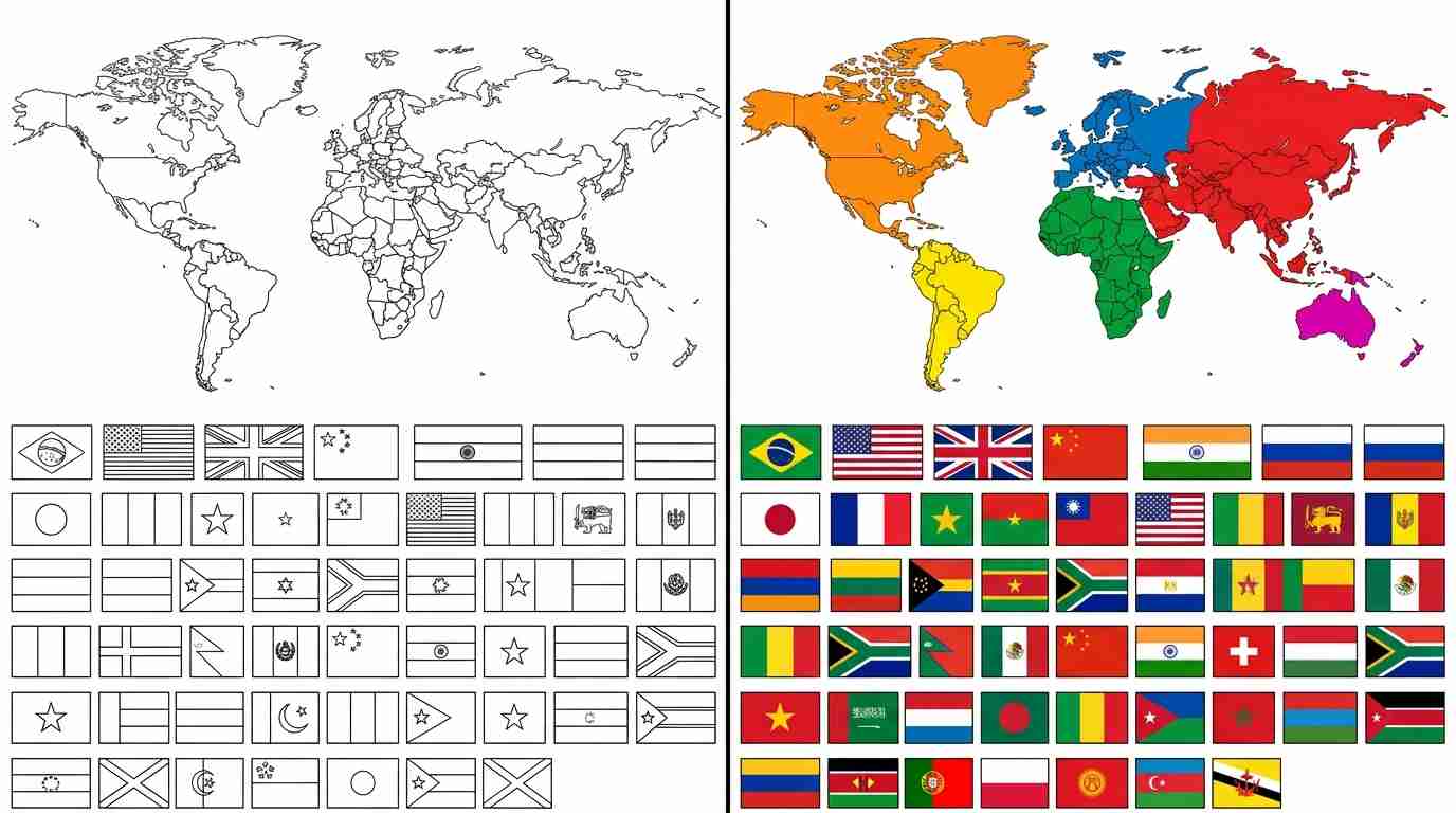 World Map / Continents & Flags Coloring Pages