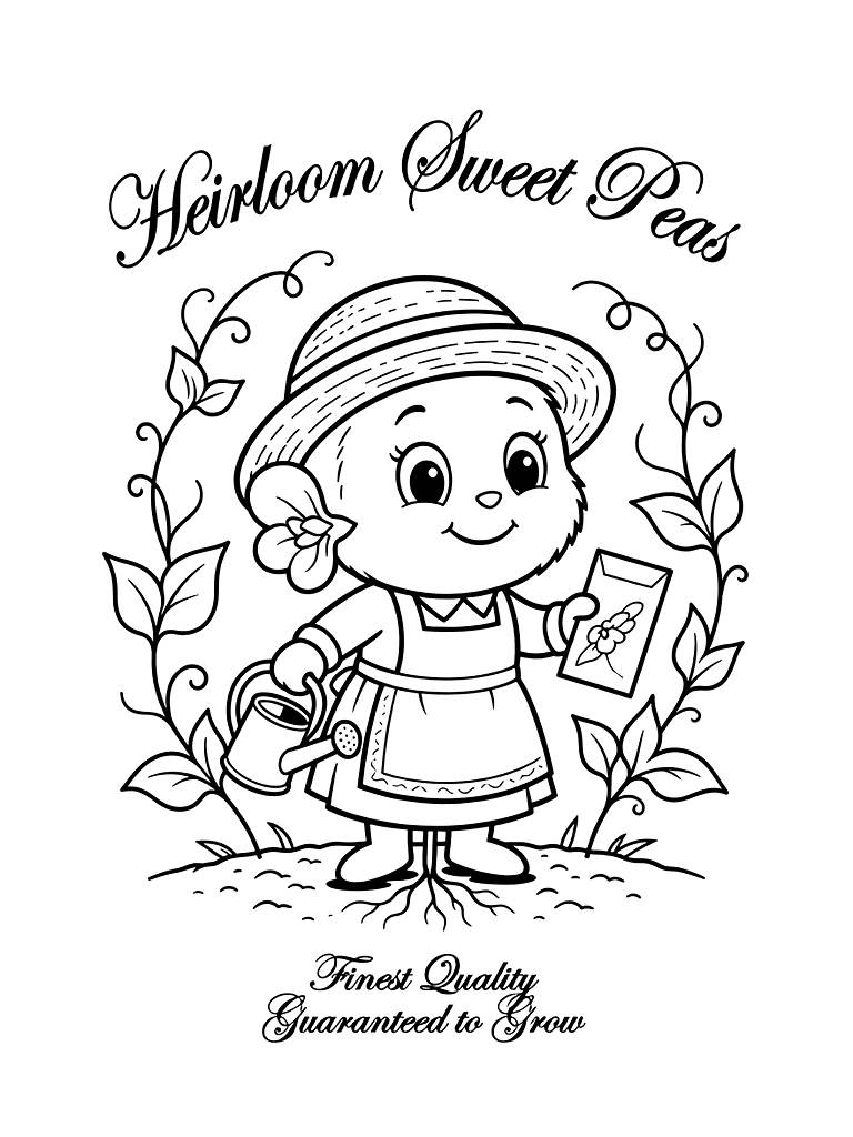 1900s-style Vintage Seed Packet Illustration For Heirloom Sweet Peas With Cursive Typography And Climbing Tendrils Coloring Page