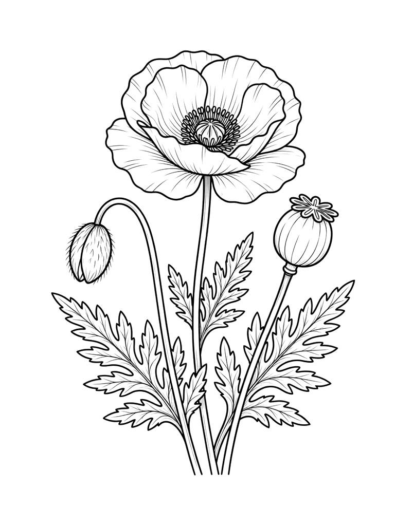 19th-century Scientific Botanical Illustration Of A Blooming Red Poppy Plant Showing The Flower Coloring Page