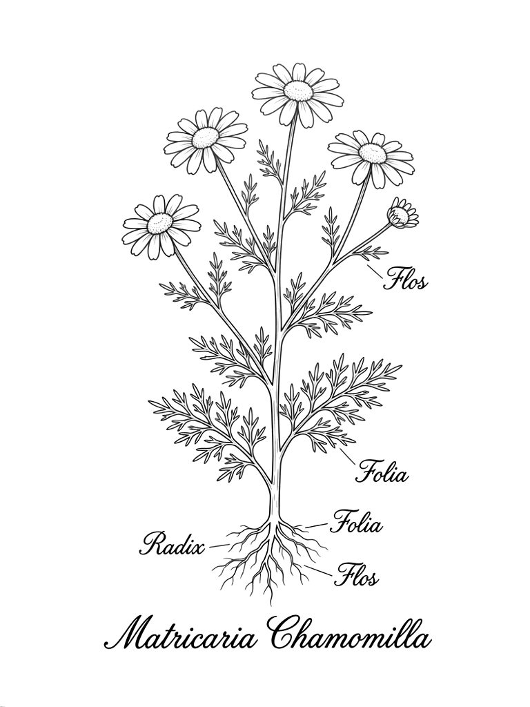 19th-Century Scientific Botanical Illustration Of A Chamomile Plant Featuring Delicate White Flowers Roots And Elegant Cursive Script Coloring Page