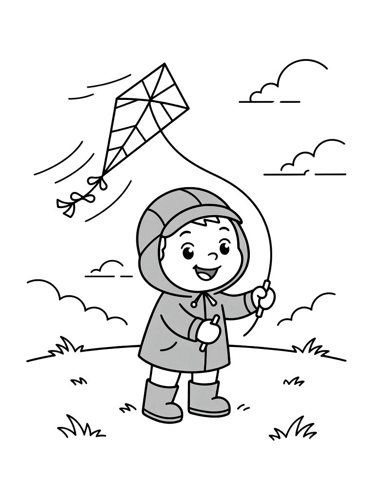 Child In A Yellow Raincoat Flying A Colorful Diamond Kite In A Grassy Field With Fast-moving Clouds Coloring Page