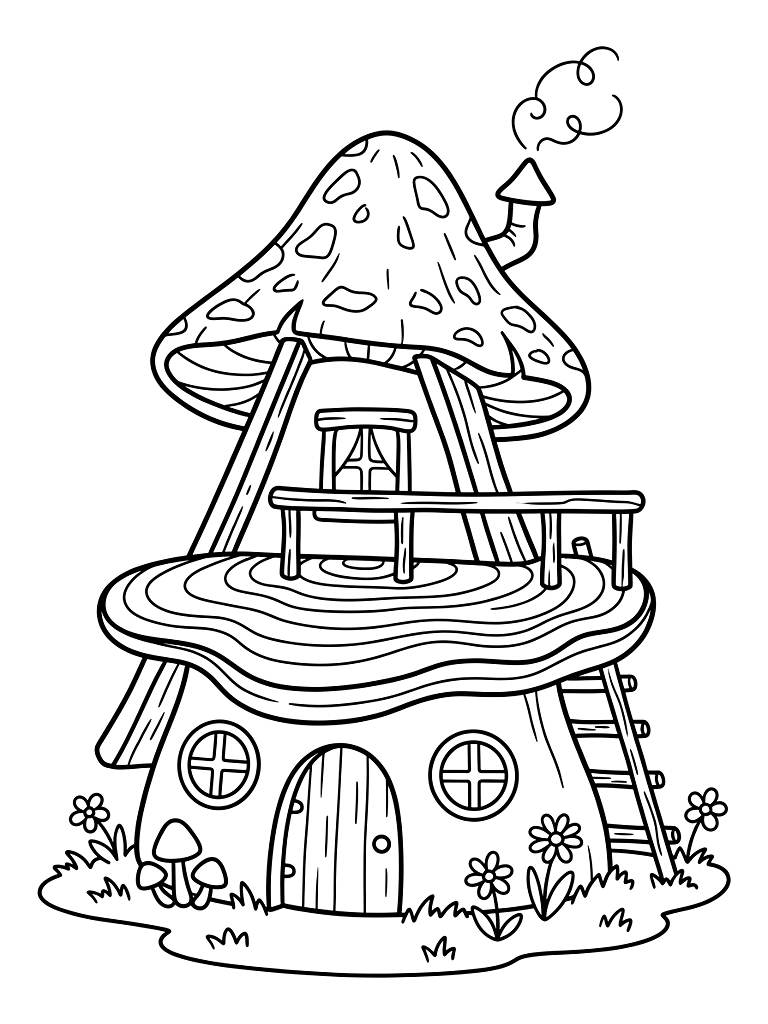 A-frame Mushroom Cottage With A Wooden Balcony Made Of A Large Shelf Fungus Coloring Page