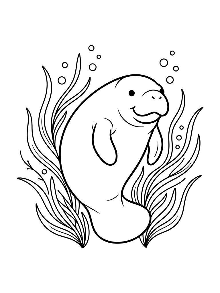 Manatee Floating Peacefully Among Long Sea Grass And Tiny Bubbles Coloring Page