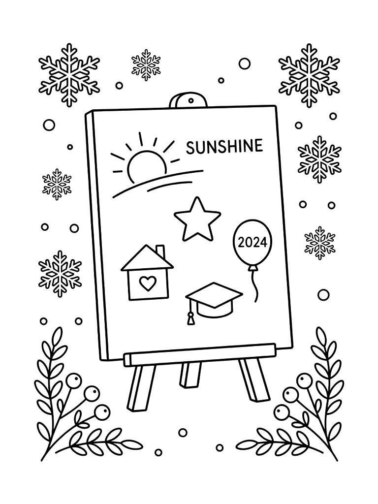 Vision Board For The New Year Surrounded By Delicate Snowflakes And Winter Berries Coloring Page
