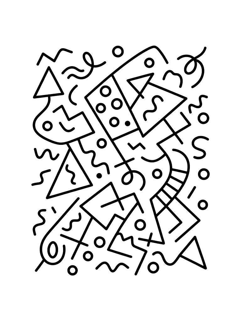 Abstract Composition Of Memphis-style Shapes Including Squiggles Coloring Page