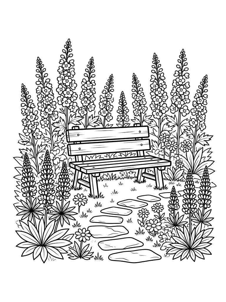 Abundant Cottage Garden Border Overflowing With Blooming Delphiniums And Lupines With A Small Stone Path Leading To A Rustic Green Garden Bench Coloring Page