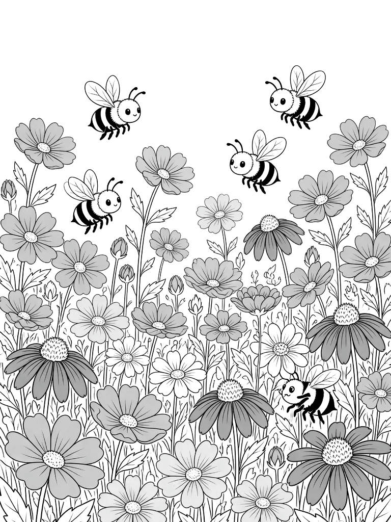 Abundant Wildflower Garden Field Filled With Blooming Pink Cosmos Coloring Page