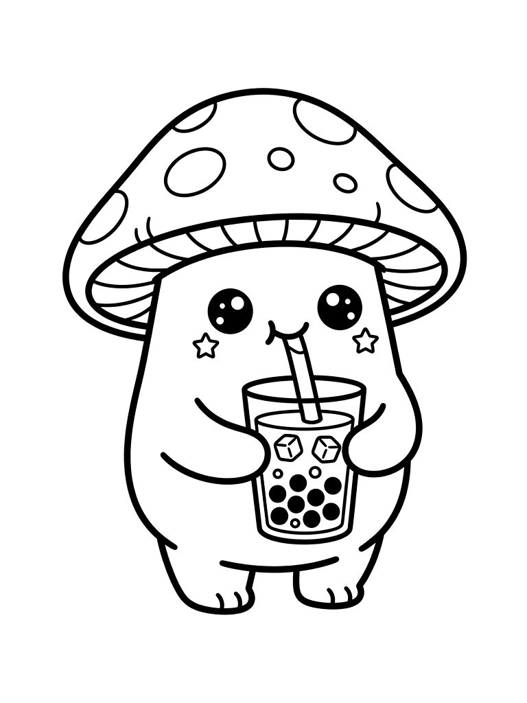 Adorable Chubby Kawaii Mushroom Character Drinking A Glass Of Iced Boba Tea With A Happy Expression And Tiny Star Cheeks Coloring Page