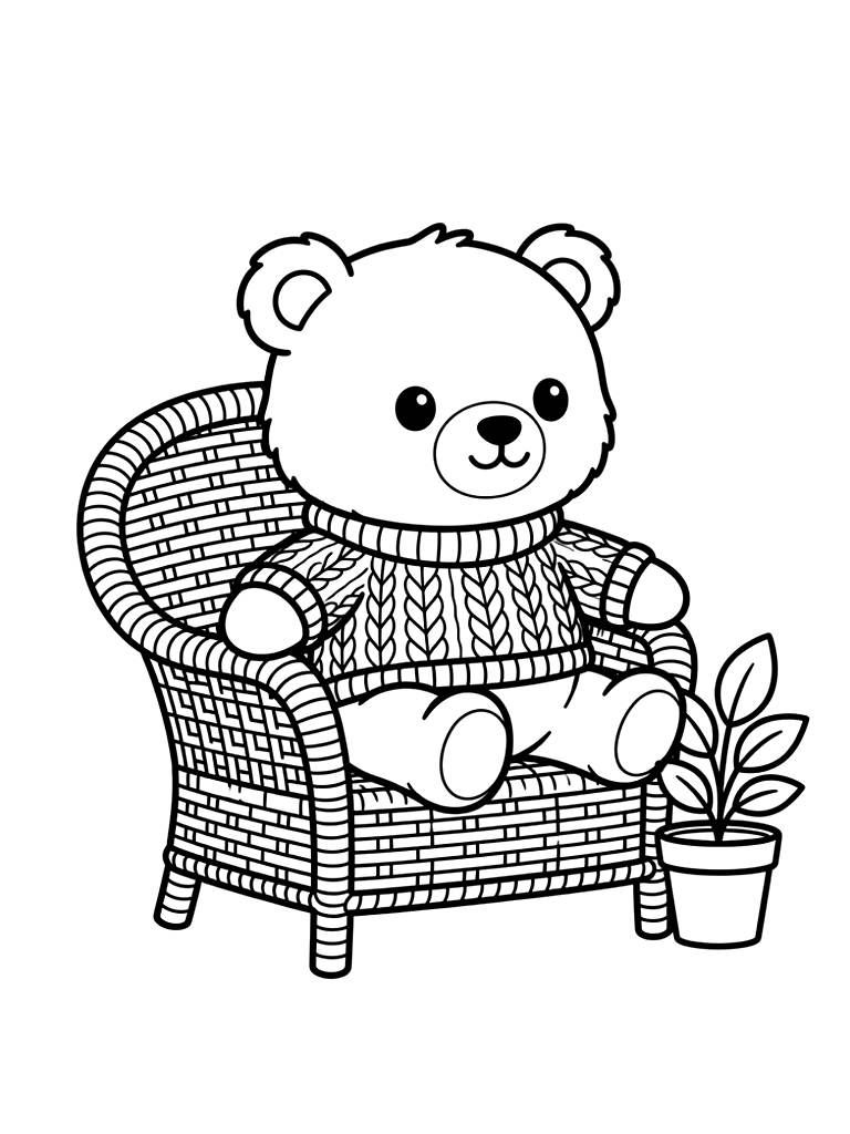 Adorable Chubby Stuffed Teddy Bear Wearing A Cozy Knitted Green Sweater Sitting In A Wicker Armchair Next To A Tiny Potted Plant Coloring Page