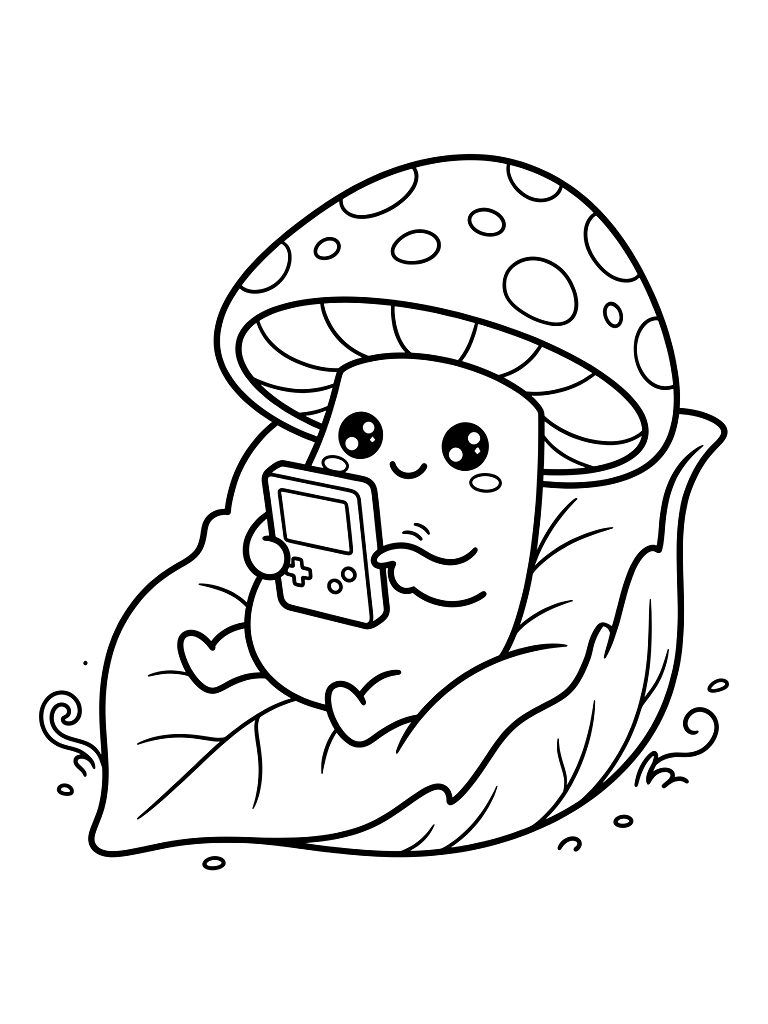 Adorable Kawaii Mushroom Character Playing A Pink Handheld Gaming Console While Lounging On A Soft Green Leaf Bed Coloring Page