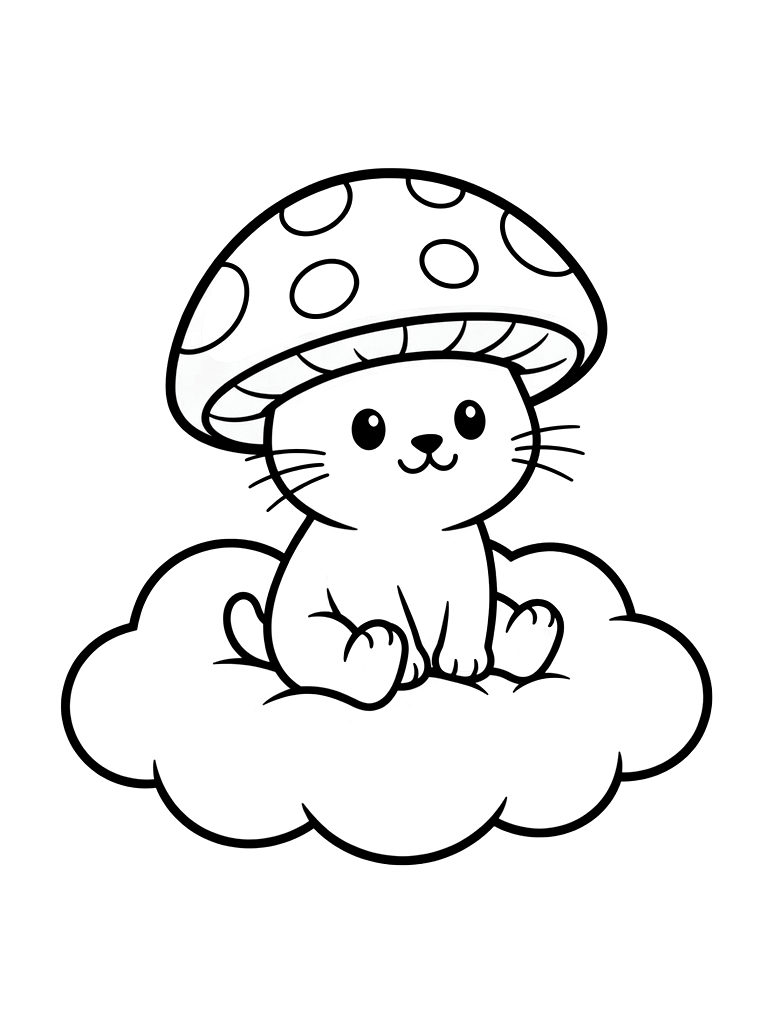 Adorable Round-faced Cat Wearing A Red Spotted Mushroom Cap As A Hat While Sitting On A Fluffy Cloud Coloring Page