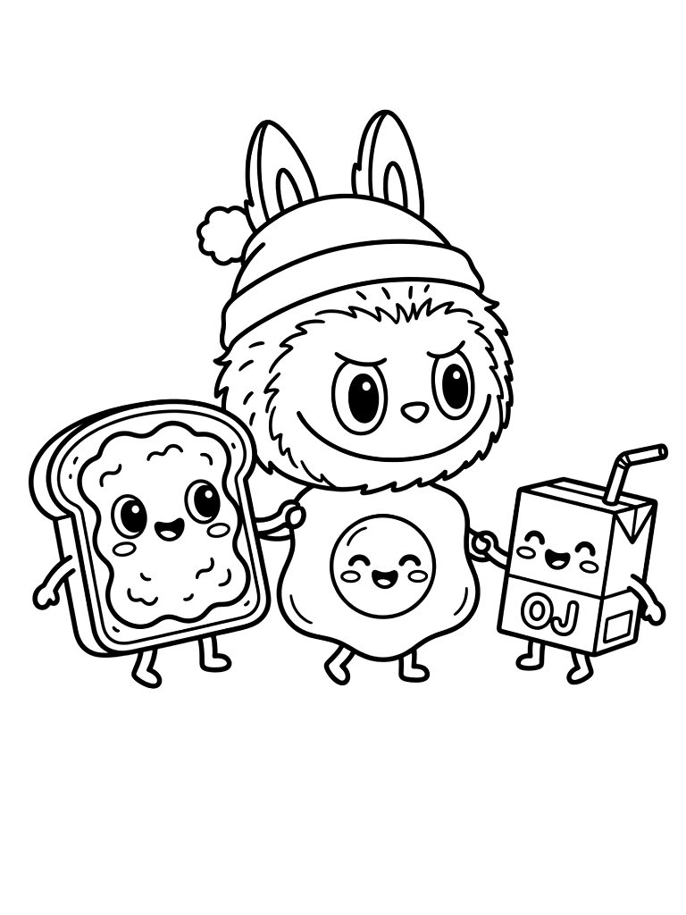 Adorable Set Of Smiling Kawaii Breakfast Characters Featuring A Happy Slice Of Avocado Toast Coloring Page