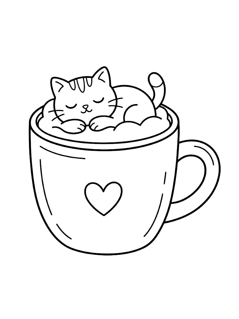 Aesthetic Ceramic Mug Filled With Warm Cappuccino Featuring Adorable 3D Foam Art Of A Sleeping Cat Peeking Over The Rim Coloring Page
