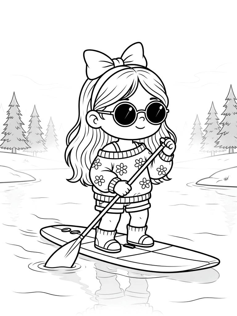 Aesthetic Girl Paddleboarding On A Crystal Clear Mountain Lake With Pine Trees And Soft Morning Sun Mist Reflecting In The Water Coloring Page