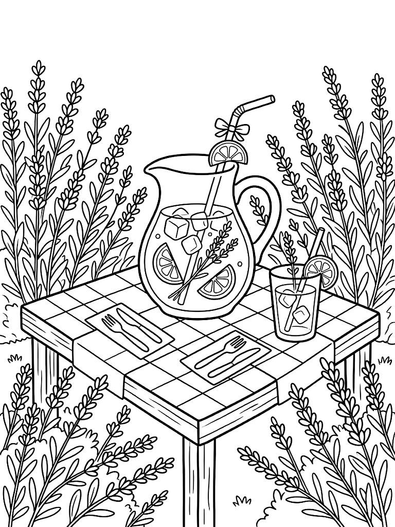 Aesthetic Glass Pitcher Of Iced Lavender Lemonade Sitting On A Checkered Cafe Table Surrounded By Blooming Purple Lavender Bushes Coloring Page