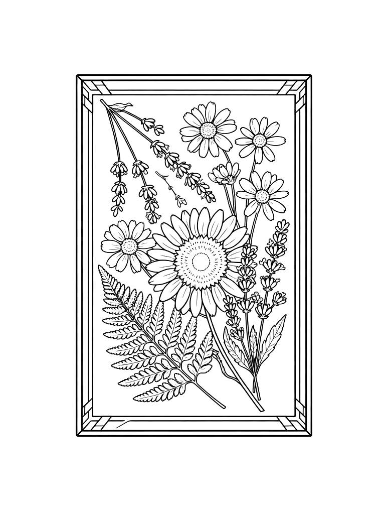 Aesthetic Hand-Pressed Wildflower Bouquet In A Glass Herbarium Frame With Dried Lavender Coloring Page
