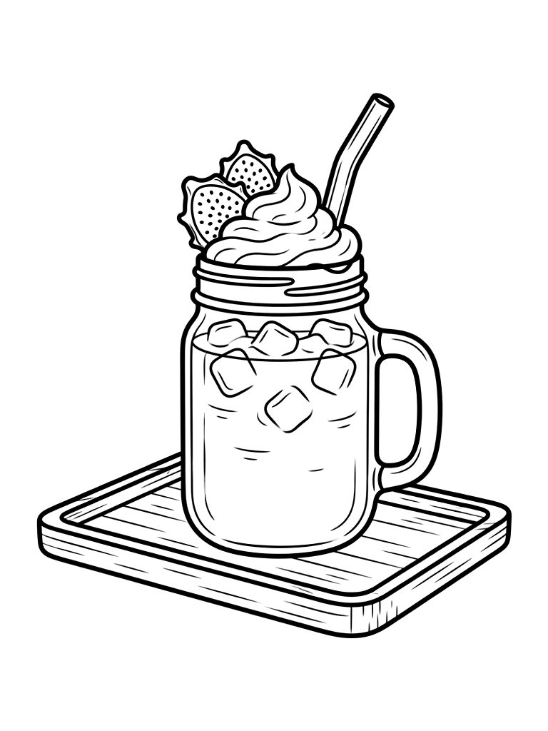 Aesthetic Mason Jar Of Pink Pitaya Iced Latte Topped With Whipped Cream Coloring Page