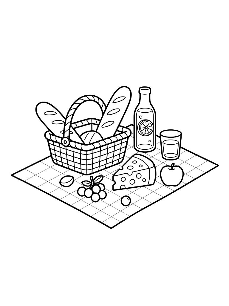 Aesthetic Picnic Spread On A Checkered Blanket Featuring A Basket Of Baguettes Coloring Page