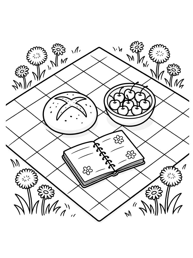 Aesthetic Picnic Spread On A Quilt With A Sourdough Loaf Coloring Page
