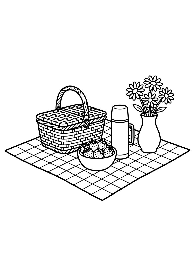 Aesthetic Spring Picnic Set-up With A Woven Wicker Basket Coloring Page
