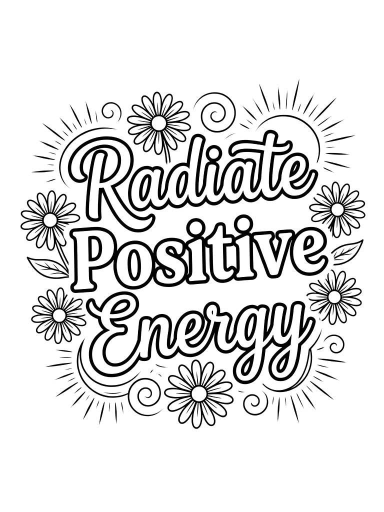 Aesthetic Typography Featuring The Quote Radiate Positive Energy Surrounded By Hand-drawn Wild Daisies And Soft Swirling Sunbeams Coloring Page