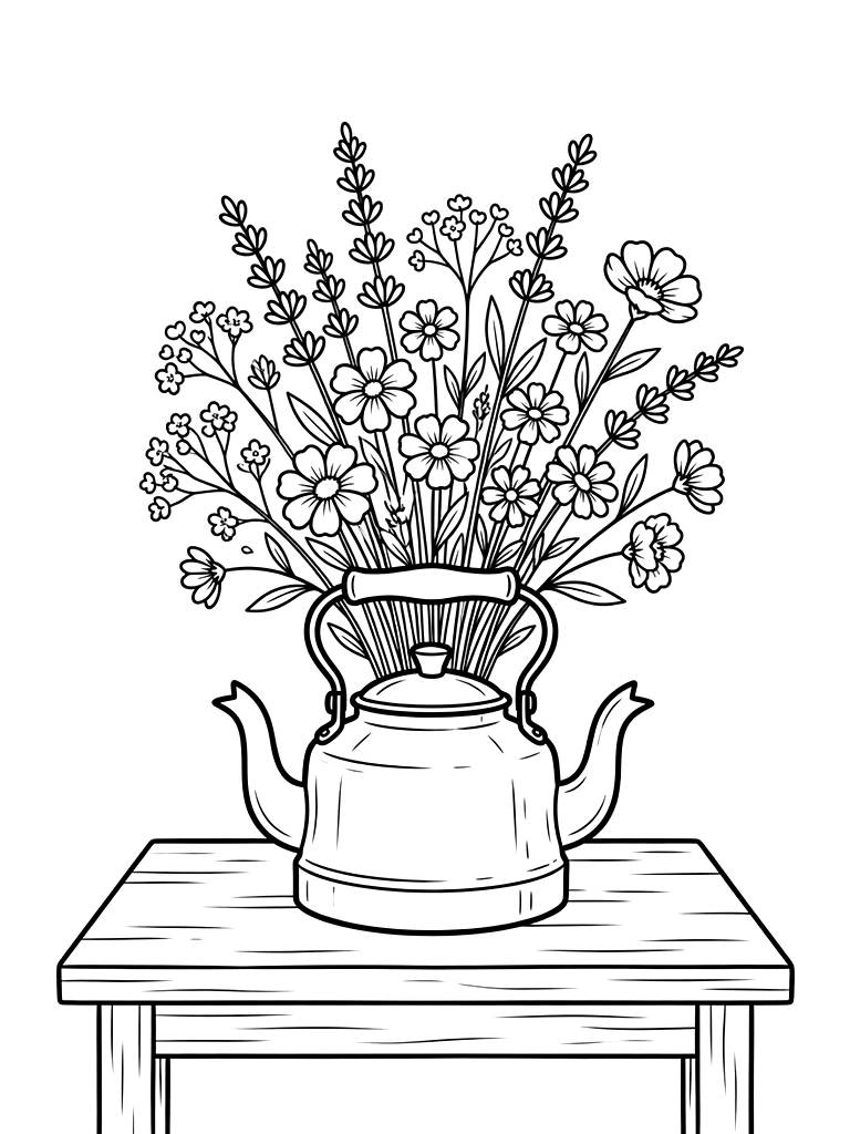 Aesthetic Wildflower Bouquet In A Vintage Copper Kettle With Sprigs Of Lavender And Baby’s Breath On A Wooden Table Coloring Page