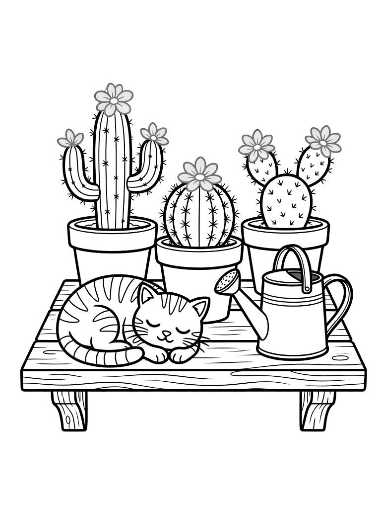 Aesthetic Wooden Shelf Filled With Pink-flowering Desert Cacti In Terracotta Pots Next To A Watering Can And A Sleeping Tabby Cat Coloring Page