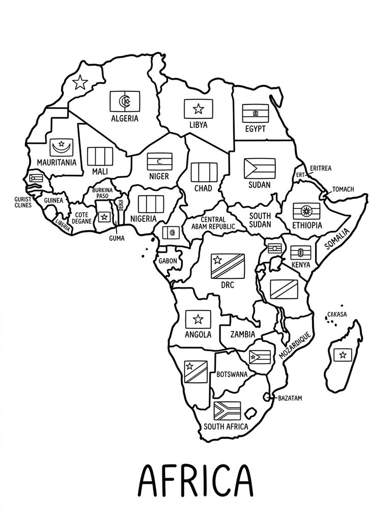 Africa Continent Map With Countries And Flags Coloring Page