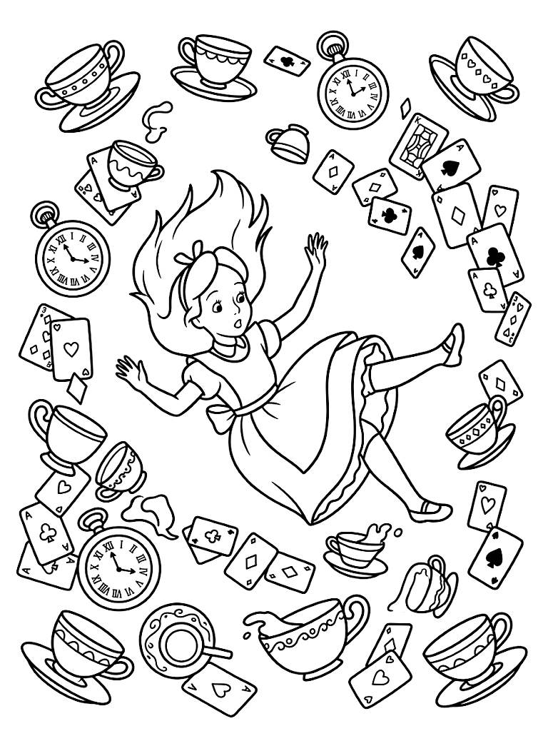 Alice Falling Down The Magical Rabbit Hole Surrounded By Floating Vintage Teacups Ticking Pocket Watches And Scrambled Playing Cards Coloring Page