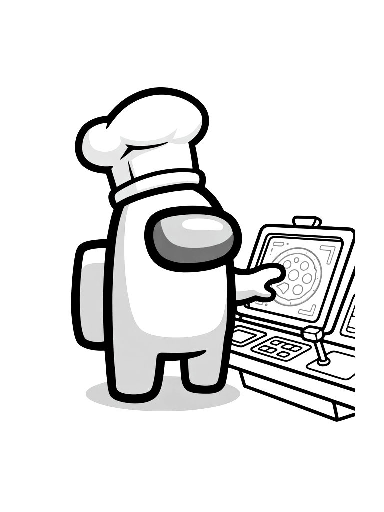 Among Us Crewmate In A Chef's Hat Making A Digital Pizza On A Spaceship Console Coloring Page