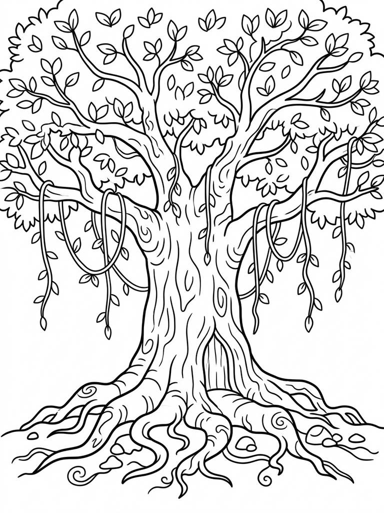 Ancient Giant Tree With Roots And Vines Coloring Page