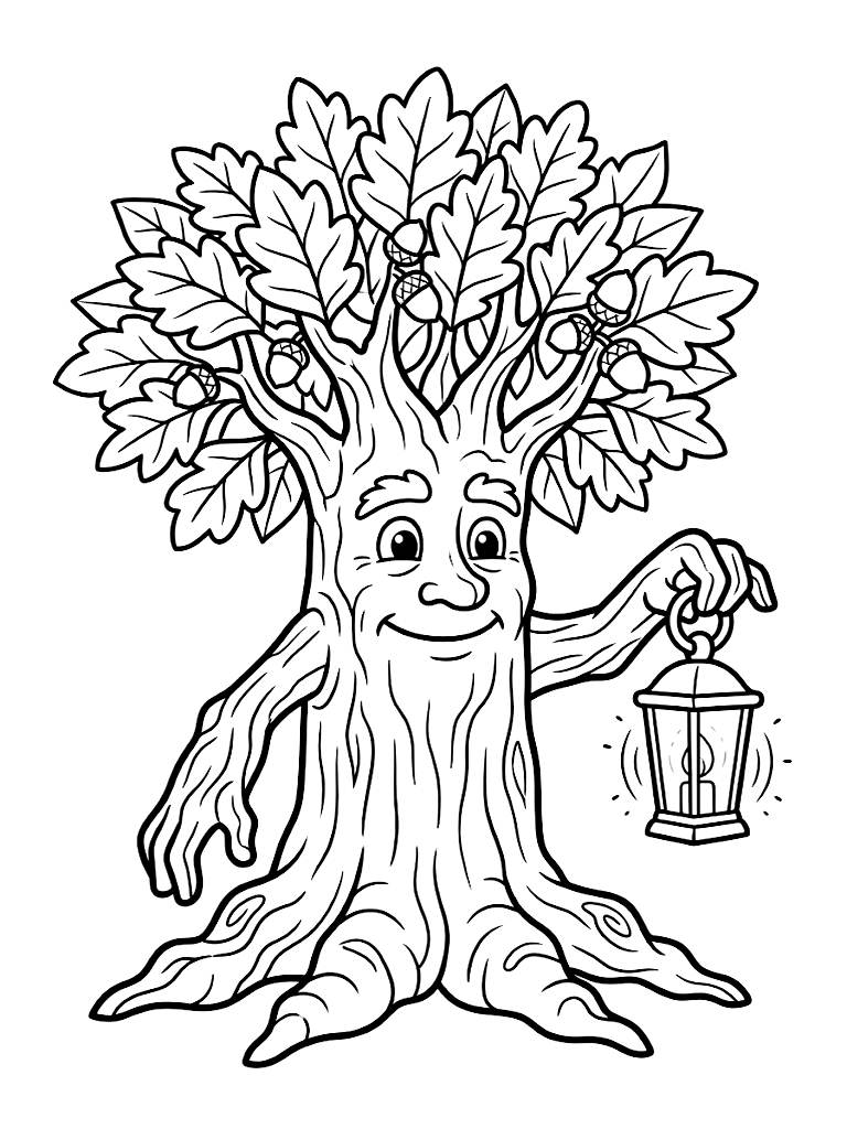 Ancient Majestic Treefolk Guardian With Gnarled Roots And A Crown Of Autumn Leaves Gently Holding A Small Glowing Lantern Coloring Page