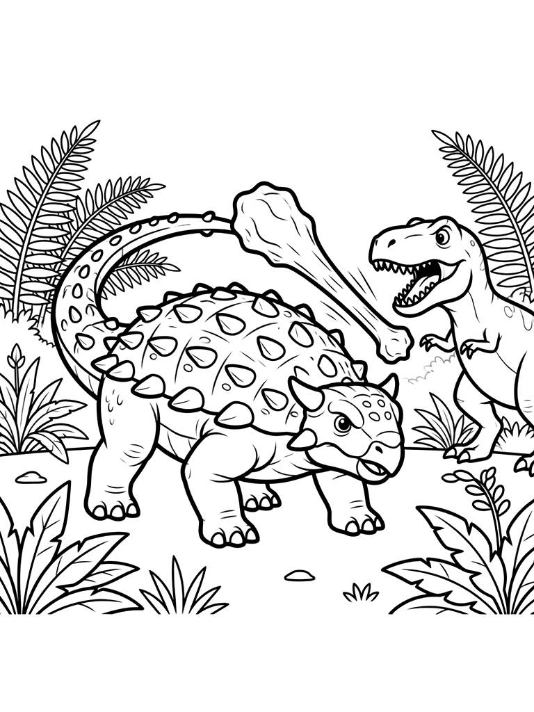 Ankylosaurus With A Clubbed Tail Defending Itself Against A Predator In A Prehistoric Fern Forest Coloring Page
