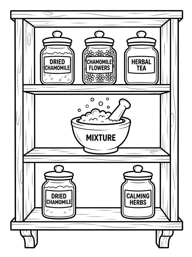Apothecary Shelf With Labeled Jars Of Dried Chamomile And A Bubbling Mortar And Pestle Coloring Page