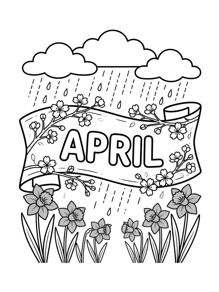 April Banner Decorated With Delicate Cherry Blossom Branches Coloring Page