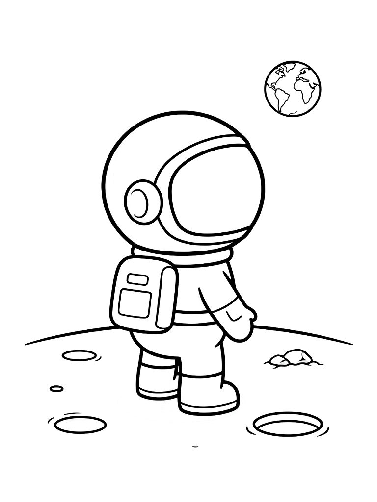 Astronaut Standing On The Moon Surface Looking Back At A Small Blue Earth Coloring Page