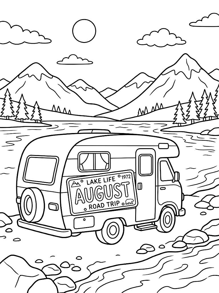 August Banner Styled As A Retro License Plate On A Vintage Camper Van Parked Beside A Pristine Alpine Lake Coloring Page