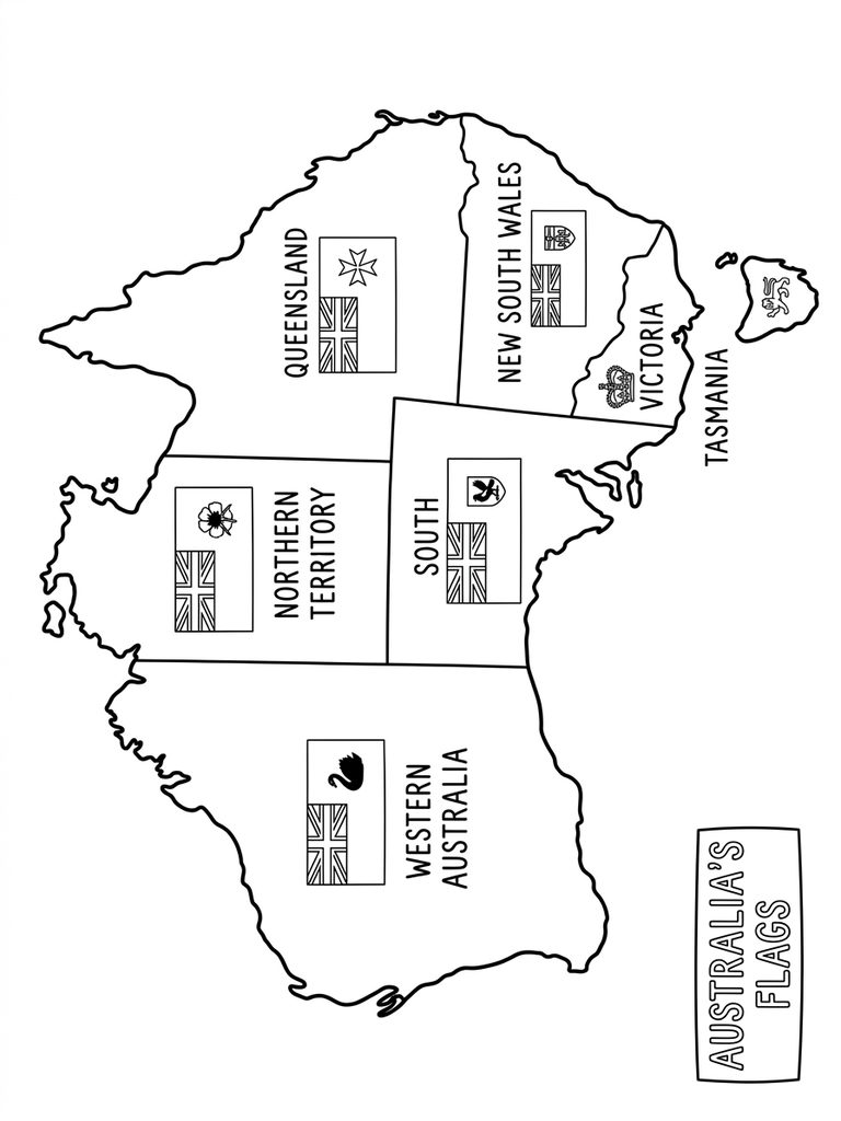 Australia Continent Map With Flags Coloring Page