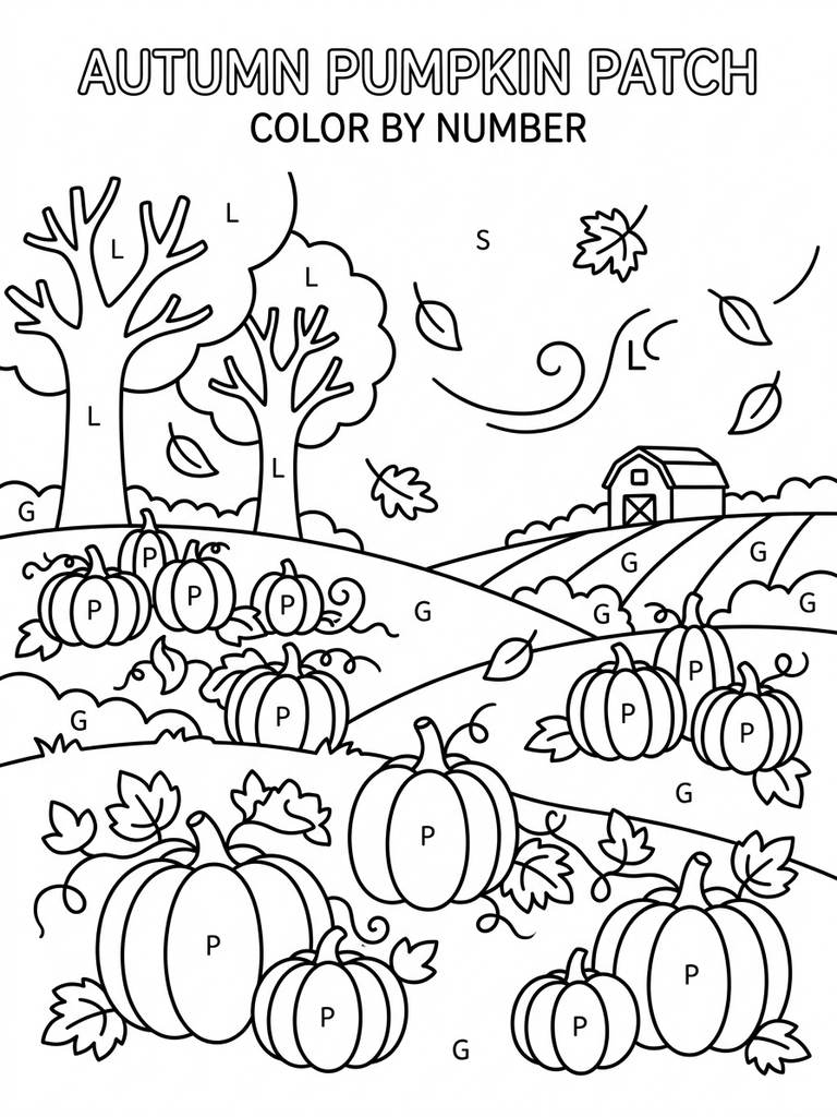 Autumn Pumpkin Patch With Falling Leaves By Number Coloring Page