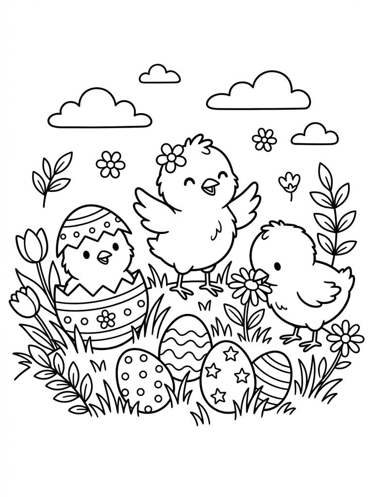 Baby Chicks With Easter Eggs / Spring Scene Coloring Page