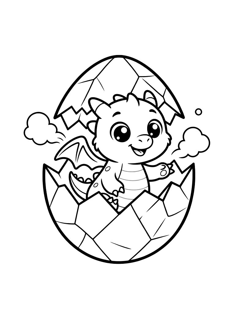 Baby Dragon Hatching From A Crystalline Egg With Small Puffs Of Smoke Coloring Page