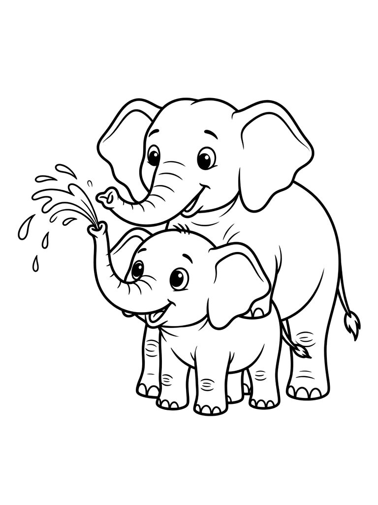 Baby Elephant Spraying Water From Its Trunk With Its Mother Coloring Page