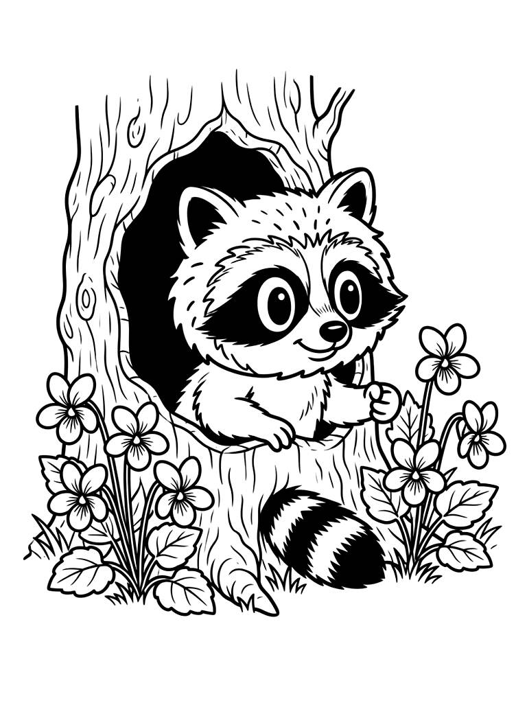 Baby Raccoon Peeking Out From A Hollow Tree Trunk Surrounded By Spring Violets Coloring Page