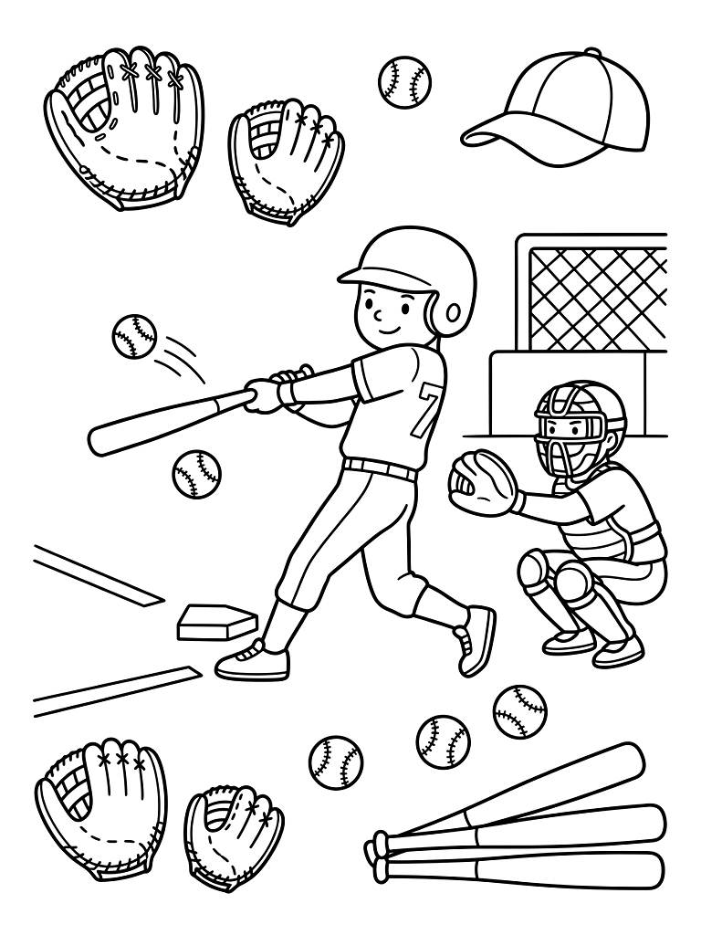 Baseball Games And Sports Equipment Coloring Page
