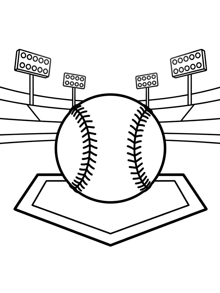 Baseball Resting On Home Plate With Stadium Lights Glowing In The Evening Dusk Coloring Page