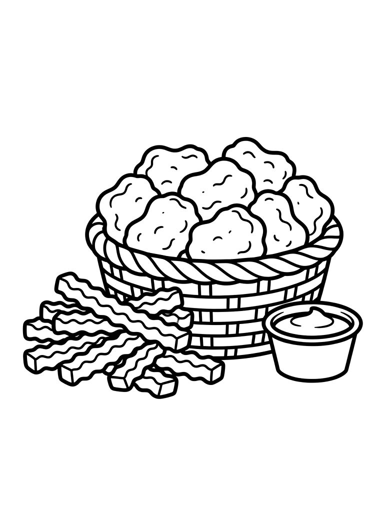 Basket Of Golden Chicken Nuggets With A Small Cup Of Dipping Sauce And A Side Of Crinkle-cut Fries Coloring Page